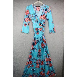 Dillion 3/4 Sleeves V-Neck Silky Maxi Dress-Size Small-Cottagecore